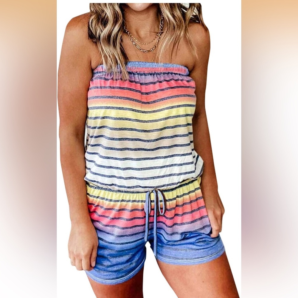JCDZSW Strapless Striped Romper with Drawstring